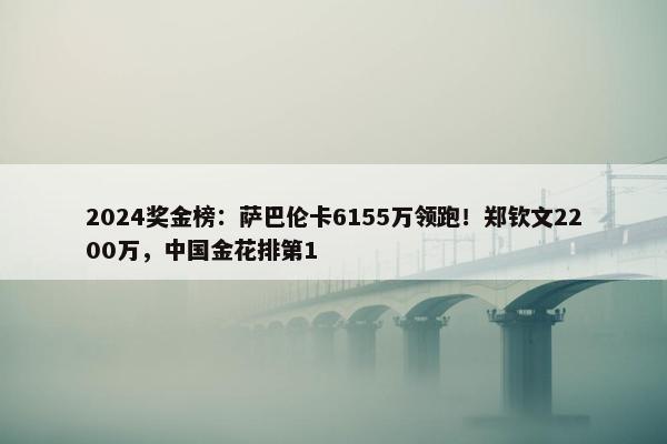 2024奖金榜：萨巴伦卡6155万领跑！郑钦文2200万，中国金花排第1